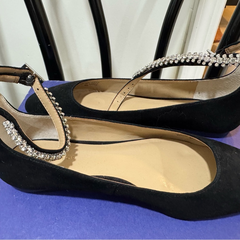 Beautiful Ann Taylor Black Suede Flats with Crystal Strap Size 6